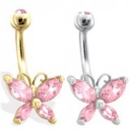 14K Gold Butterfly Belly Ring, Pink